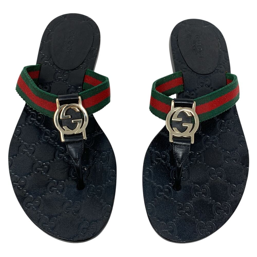 Gucci Web Stripe Interlocking GG Logo Black Leather Thong Sandals EU 36.5